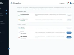 Desktop Integrations page listing connected WhatsApp Business, ZeptoMail, and Razorpay services alongside Cashfree and Zoho Payments connection controls.