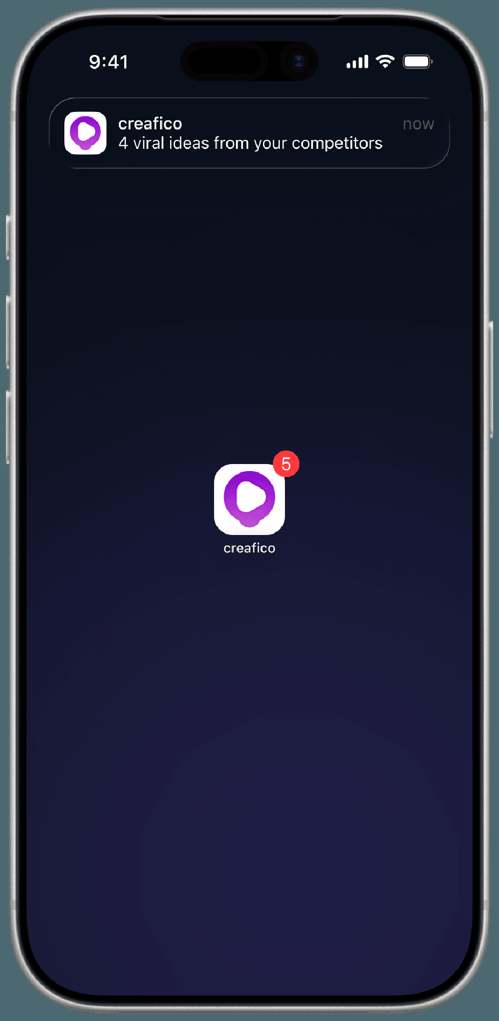 A dark iPhone-style screen showing a creafico notification reading “4 viral ideas from your competitors,” above the creafico app icon with a red badge showing 5.
