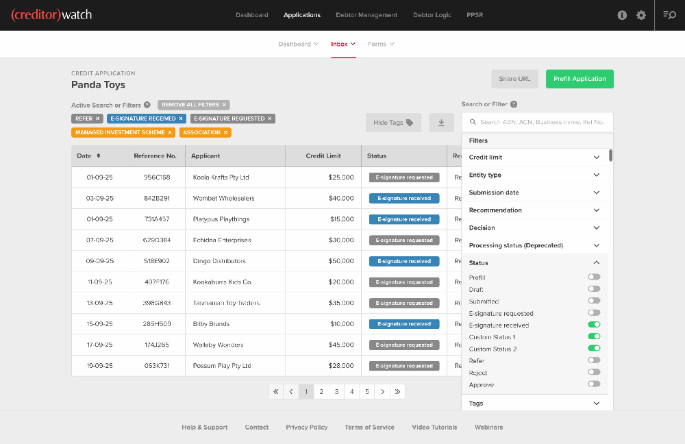 CreditorWatch Applications inbox for Panda Toys with application records, status tags, credit limits, pagination, and an open filter panel.