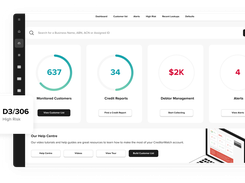 CreditorWatch dashboard showing monitored customers, credit reports, debtor management, alerts, and a high-risk score card.