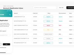 Desktop Account Application Inbox with applicant names, credit limits, statuses, recommendations, and a mobile account-application form.