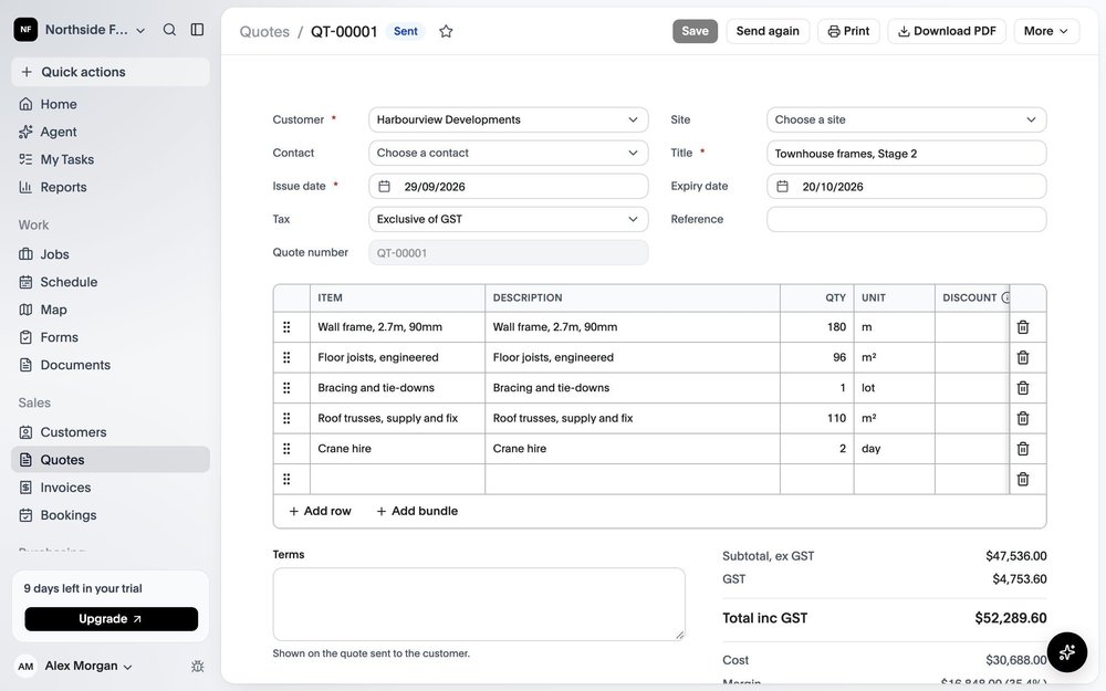 CREW25 quote editor for QT-00001 with customer fields, itemized construction materials, quantities, and GST totals.