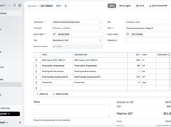 CREW25 quote editor for QT-00001 with customer fields, itemized construction materials, quantities, and GST totals.