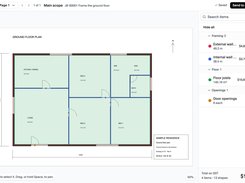 CREW25 plan takeoff workspace showing a ground-floor plan with colored framing, floor, and opening measurements and costs.