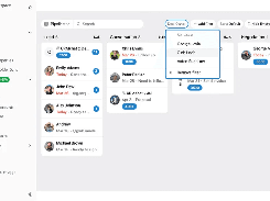 CRMChat pipeline board showing lead, conversation, and negotiation columns, with a Deal Owner filter menu open.