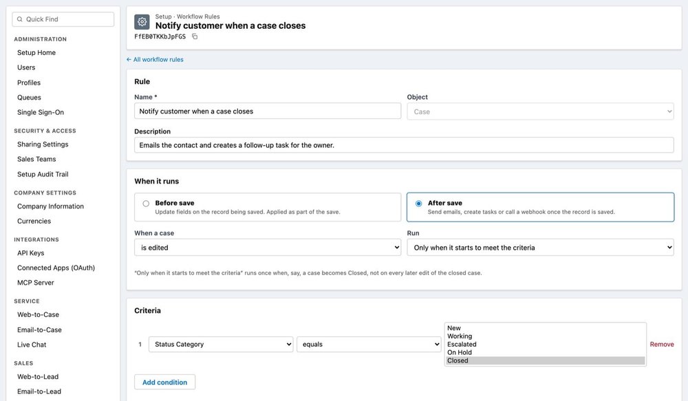 CRM administration screen for a workflow rule named “Notify customer when a case closes,” with save timing, run settings, and closed-status criteria.