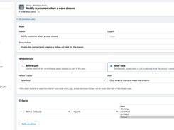 CRM administration screen for a workflow rule named “Notify customer when a case closes,” with save timing, run settings, and closed-status criteria.
