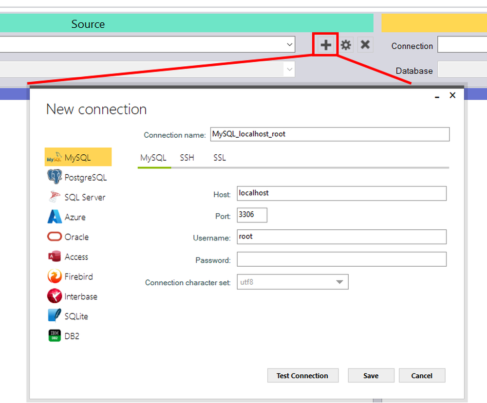 CrossMigrateDB new connection dialog with MySQL selected, fields for host, port, username, password, and connection character set, plus a list of supported database types.