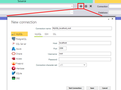 CrossMigrateDB new connection dialog with MySQL selected, fields for host, port, username, password, and connection character set, plus a list of supported database types.