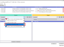 Selecting a saved connection as the source or target database.