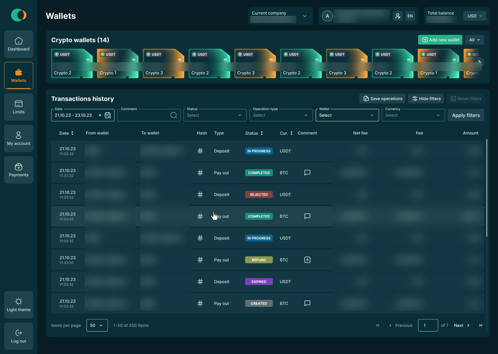 Cryptobanco multi-currency wallets and transaction history