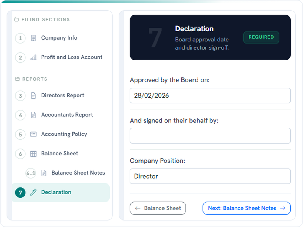 CT600 filing screen for declaration approval, with fields for board approval date, signer, and company position.