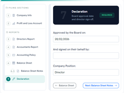CT600 filing screen for declaration approval, with fields for board approval date, signer, and company position.