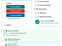CT600 Filing interface showing billing, filing sections, report downloads, and an HMRC filing confirmation panel.