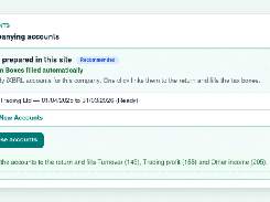 CT600 accounts screen offering selection of prepared iXBRL accounts or creation of new accounts.