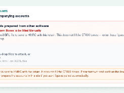 CT600 accounts screen for uploading accounts prepared in other software, with an iXBRL file drop area.