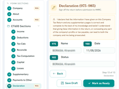 CT600 tax return declaration screen with completed form sections, declaration text, date field, and Mark as Ready button.