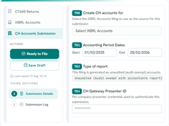 CH Accounts Submission screen with iXBRL account selection, accounting period dates, report type, and gateway presenter ID field.