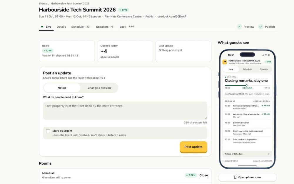 CueDuck event-management dashboard for Harbourside Tech Summit 2026, showing a post-update form, room controls, and a mobile attendee view.