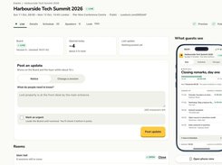 CueDuck event-management dashboard for Harbourside Tech Summit 2026, showing a post-update form, room controls, and a mobile attendee view.