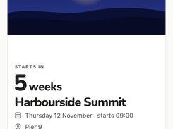 Mobile CueDuck event page for Harbourside Summit with Now, Schedule, and Changes tabs, a countdown card, and schedule and calendar buttons.