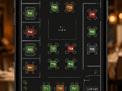 A mobile restaurant table-management screen shows a dining-area floor plan with color-coded table availability, occupancy, reservations, and cleaning status.