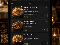 A mobile table-ordering menu for Table 07 lists biryani and starter dishes with prices, add buttons, cart total, and a call-waiter button.