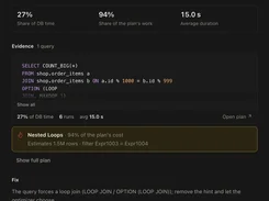 Dark-mode SQL performance finding explaining repeated reads of order_items, with query evidence, nested-loop cost, suggested fix, and verification steps.