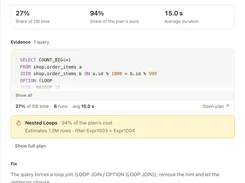 Light-mode SQL performance finding explaining repeated reads of order_items, with query evidence, nested-loop cost, suggested fix, and verification steps.
