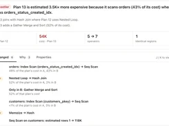 Light-mode plan comparison view reporting Plan 13 as 3.5K times costlier and listing changed scans, joins, operators, and row estimates.