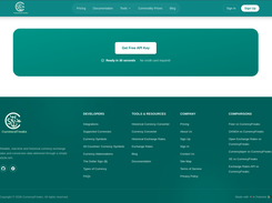 The CurrencyFreaks website footer, with quick links to documentation, pricing plans, the blog, and support resources.