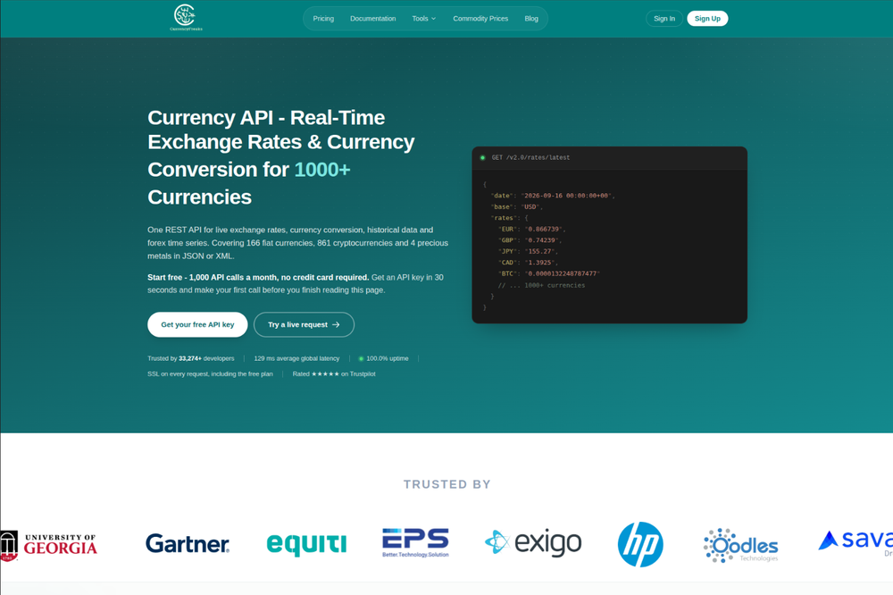 The CurrencyFreaks homepage, showcasing its real-time and historical currency exchange rate API built for developers and businesses
