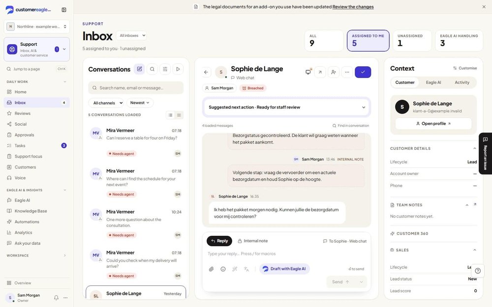 CustomerEagle Support inbox with customer conversation, suggested action, and customer context panel.