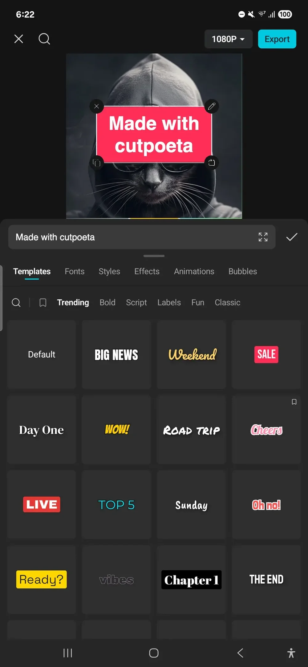 Cutpoeta text-template editor showing a selected pink label reading “Made with cutpoeta” over a hooded cat image, with template tiles below.