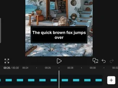 Cutpoeta captions timeline showing a beach house video preview with the caption “The quick brown fox jumps over” and controls for entering, automatically generating, templating, and importing captions.