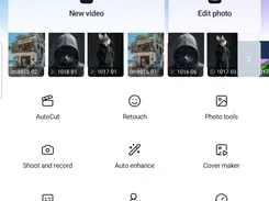 Cutpoeta home screen with New video and Edit photo buttons, recent project thumbnails, and tools including AutoCut, Retouch, Photo tools, Auto captions, Remove background, Adjust speed, and Audio tools.