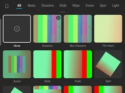 Cutpoeta transitions library over a beach house video preview, with categories and tiles including Dissolve, Blur Dissolve, Film Burn, Zoom, Slide, Push, Spin, and Glitch.