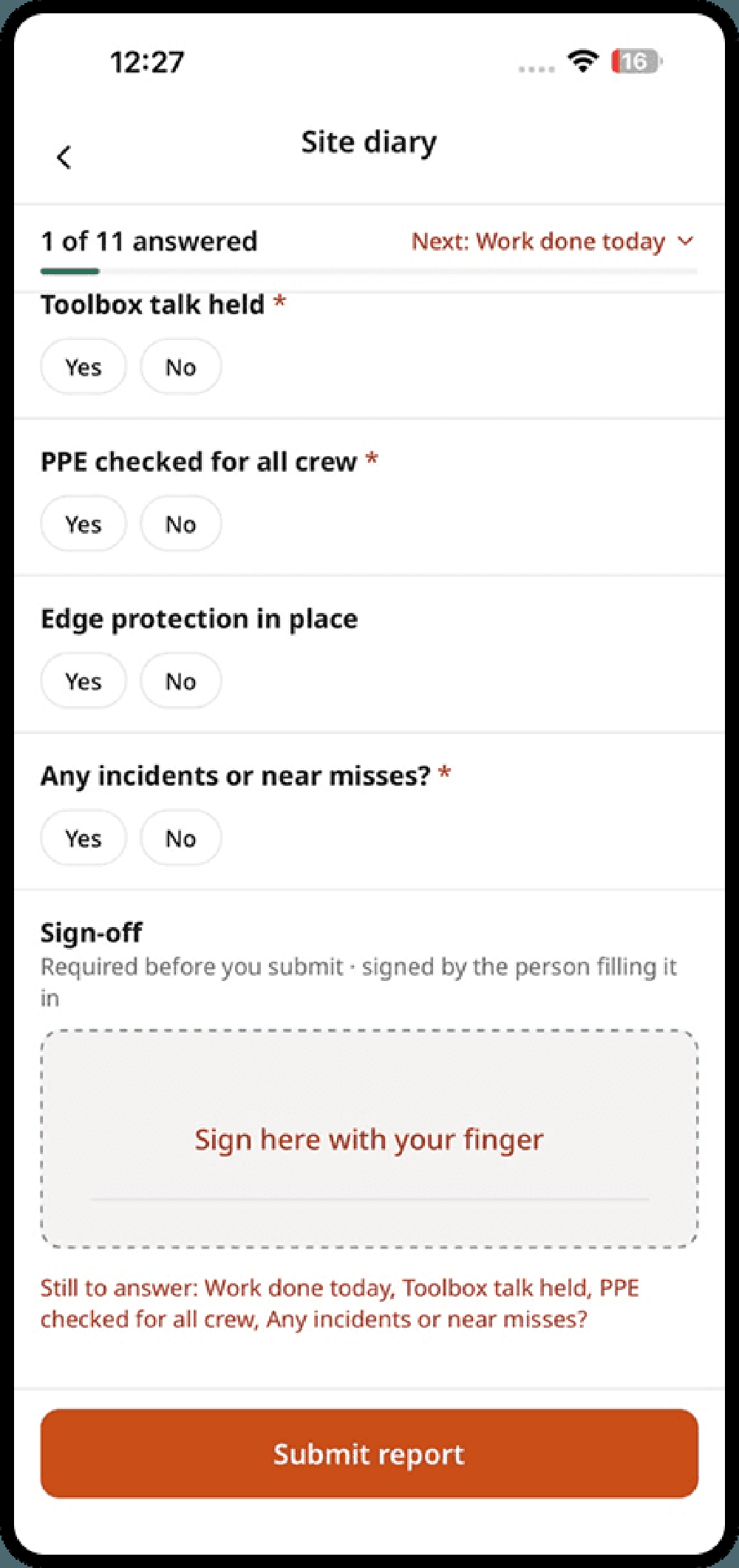 Mobile “Site diary” form with yes-or-no safety questions, a signature area, and a Submit report button.