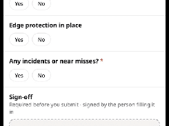 Mobile “Site diary” form with yes-or-no safety questions, a signature area, and a Submit report button.