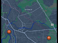 Mobile Jobsites map showing two orange location pins, a search field, and List and Map view controls.