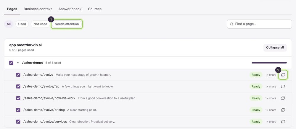Darwin Pages screen listing website paths, usage status, character counts, and refresh controls.