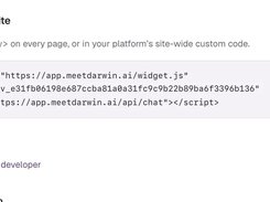 Darwin installation step displaying a website script tag, a Copy tag button, and a developer-email option.