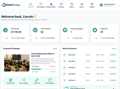 DashPledge Organizer Dashboard showing campaign performance, donations, fundraising progress, supporters, payouts, and campaign management tools for schools and PTAs.