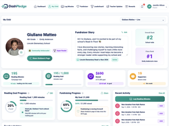 DashPledge Parent Dashboard showing a child’s fundraiser, campaign progress, donations, reading activity, achievements, rewards, and fundraising tools in one place.