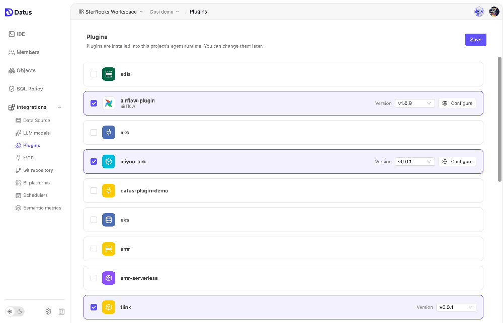 Datus Plugins settings page listing available agent-runtime plugins and versions.