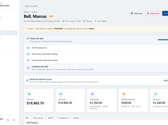 The whole deal on one screen: totals, trade equity, payment, and F&I gross computed live.