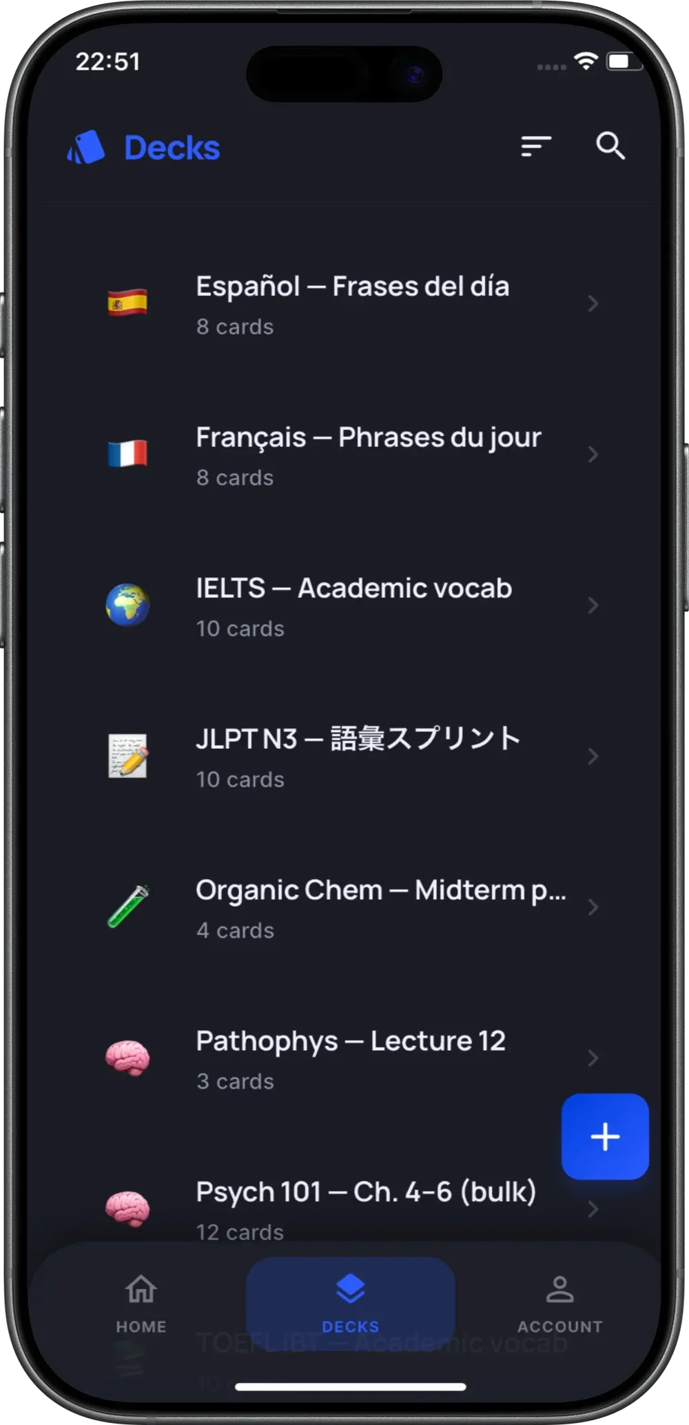 Mobile Decks screen in dark mode listing language, exam, chemistry, pathology, and psychology flashcard decks, with search, sort, and add controls.