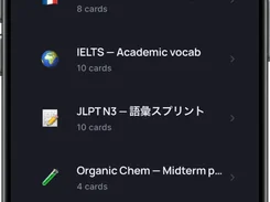 Mobile Decks screen in dark mode listing language, exam, chemistry, pathology, and psychology flashcard decks, with search, sort, and add controls.