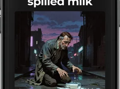 Mobile flashcard study screen in dark mode showing a card titled “don't cry over spilled milk,” a “Tap to reveal” button, audio control, and an illustration of a man beside spilled milk.