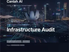 Canlah.AI Infrastructure Audit report cover with a blurred city image, redacted URL, market SG, and generated-date fields.